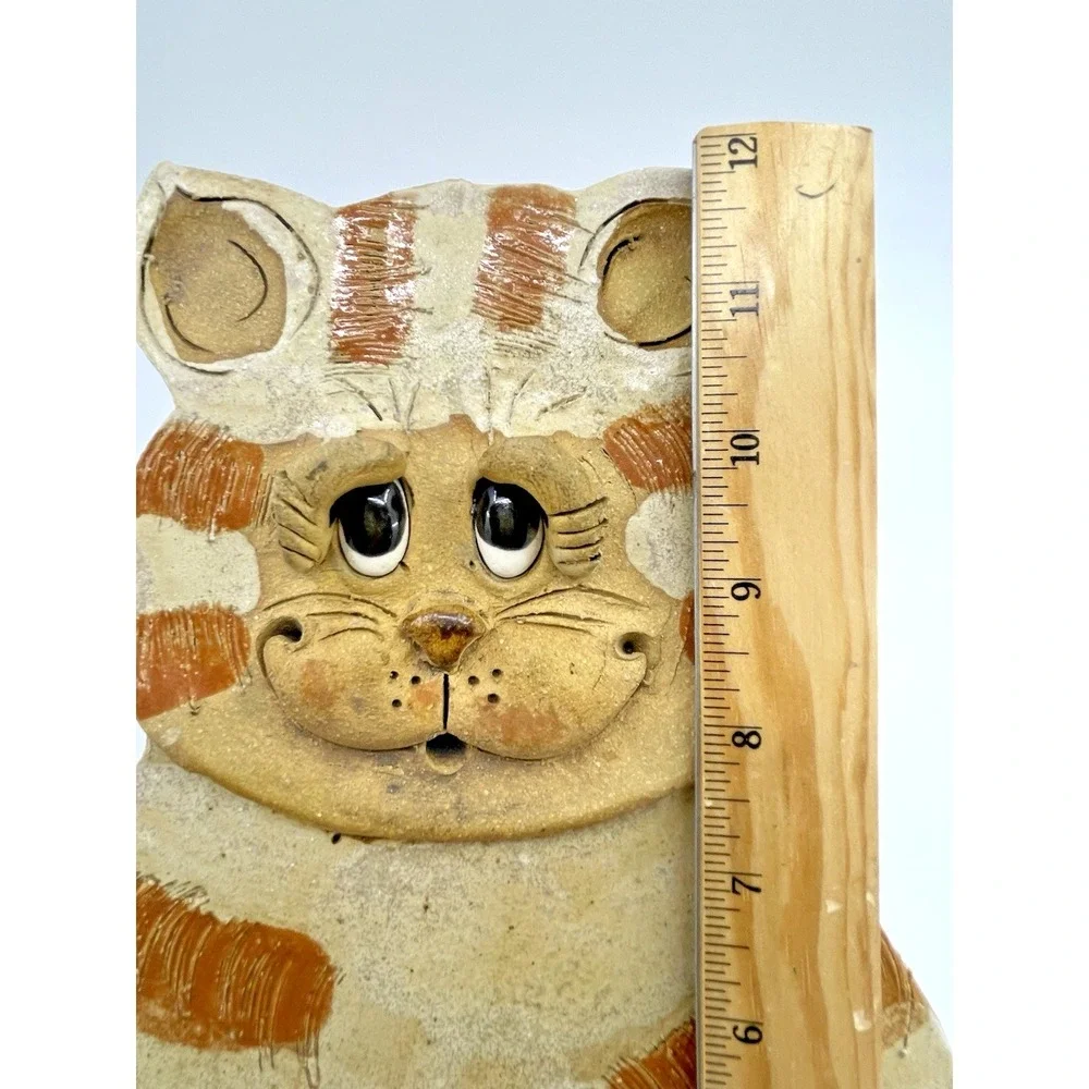 VTG Handmade Pottery Folk Art Tabby Cat Kitten Primitive Clock Rare